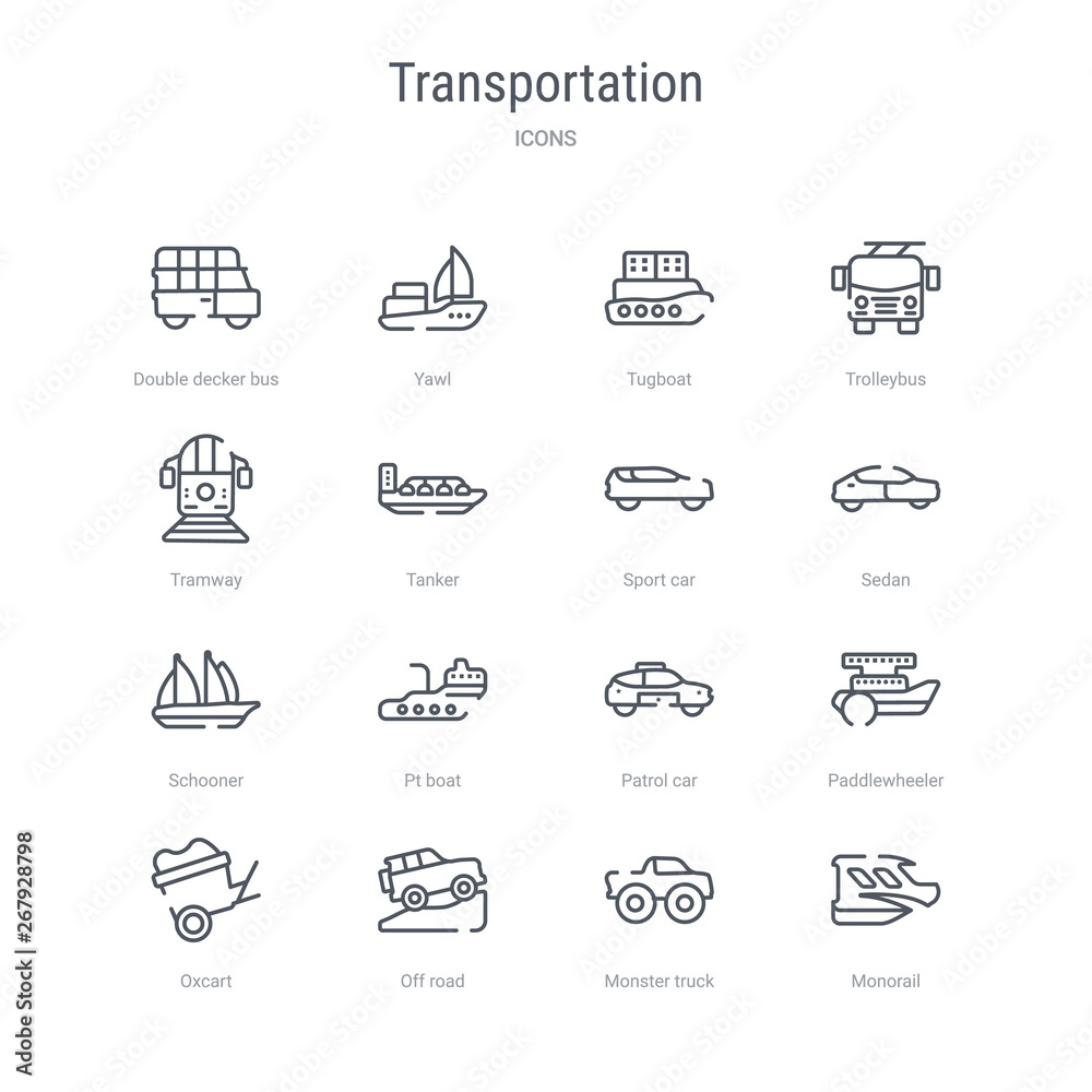 set of 16 transportation concept vector line icons such as monorail, monster truck, off road, oxcart, paddlewheeler, patrol car, pt boat, schooner. 64x64 thin stroke icons