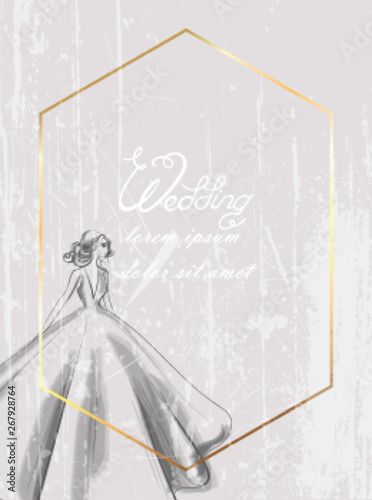 Wedding card Bride silhouette Vector line art. Beautiful long dress . Template for design postcards