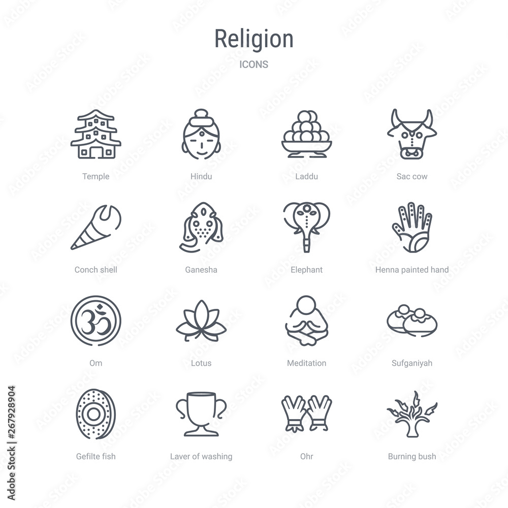 set of 16 religion concept vector line icons such as burning bush, ohr, laver of washing, gefilte fish, sufganiyah, meditation, lotus, om. 64x64 thin stroke icons set of 16 religion concept vector line icons such as burning bush, ohr, laver of washing, gefilte fish, sufganiyah, meditation, lotus, om. 64x64 thin stroke icons