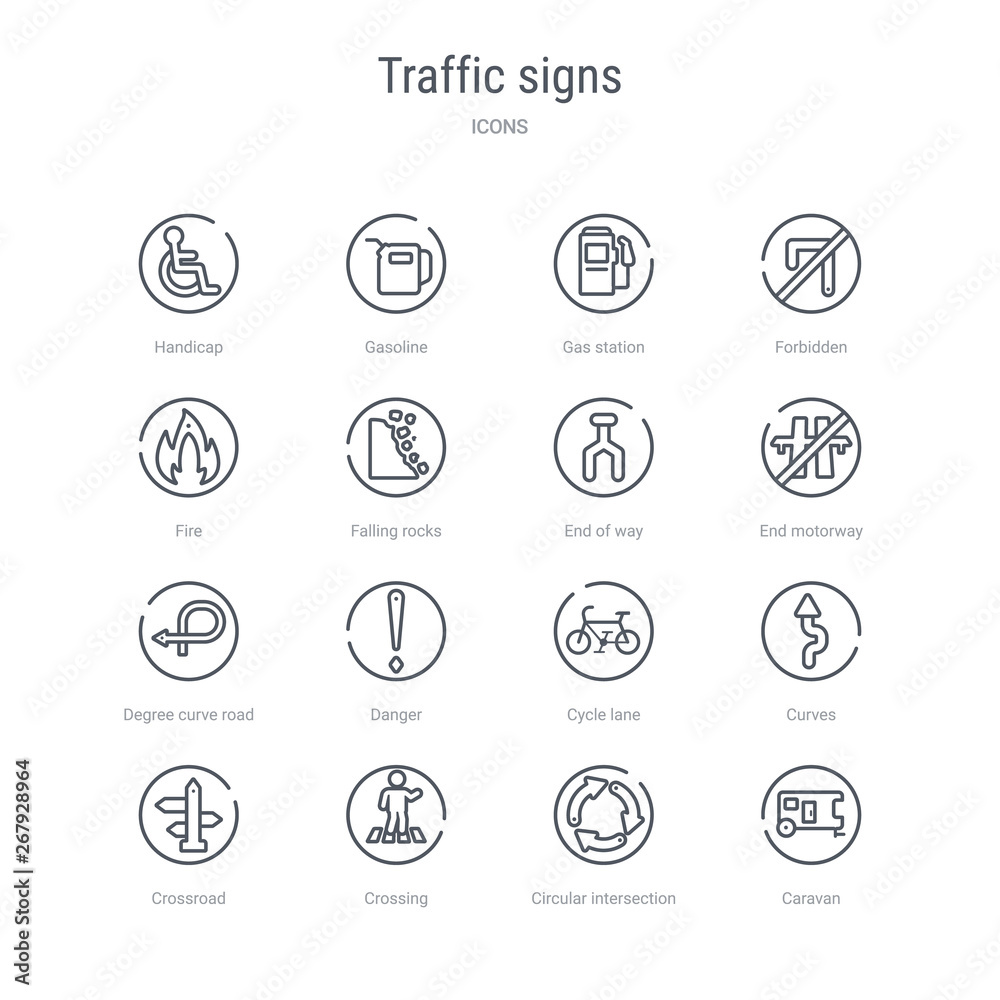 set of 16 traffic signs concept vector line icons such as caravan, circular intersection, crossing, crossroad, curves, cycle lane, danger, degree curve road. 64x64 thin stroke icons