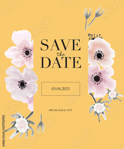 Botanical anemonies wedding invitation card template design, yellow background with  tender rose pink watercolor flowers, pastel vintage theme - Vector photo