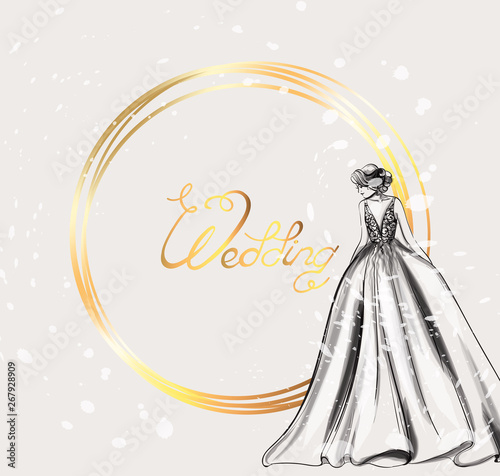 Wedding card bride silhouette Vector line art. Golden frame. Beautiful long dress . Template for design cards