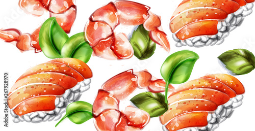 Sushi vector watercolor pattern. Delicious texture gourmet templates