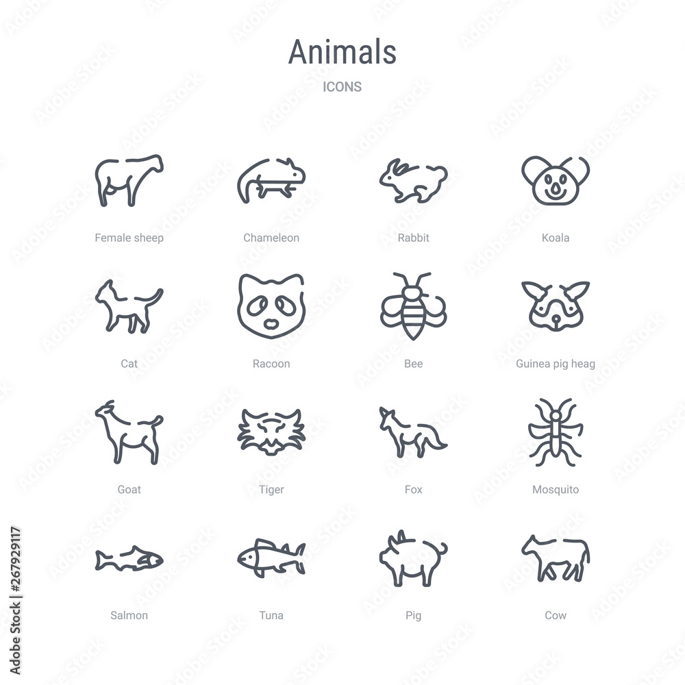set of 16 animals concept vector line icons such as cow, pig, tuna, salmon, mosquito, fox, tiger, goat. 64x64 thin stroke icons set of 16 animals concept vector line icons such as cow, pig, tuna, salmon, mosquito, fox, tiger, goat. 64x64 thin stroke icons