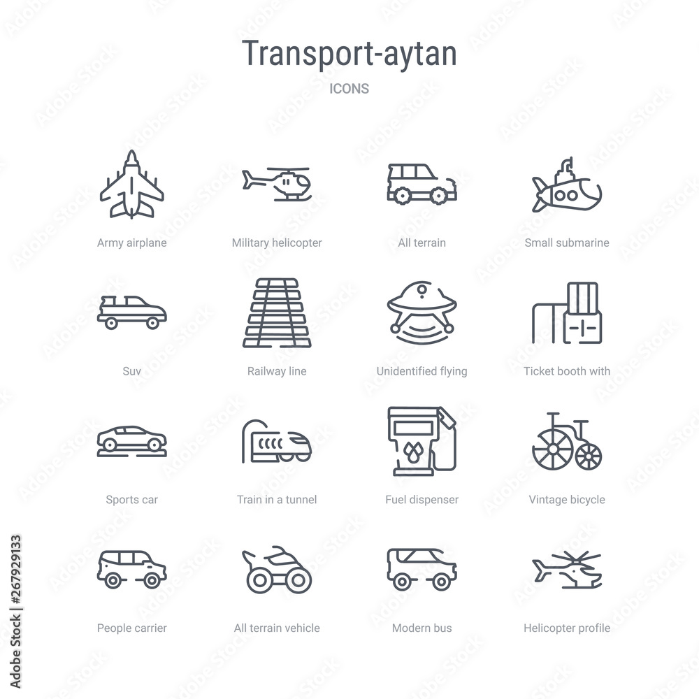 set of 16 transport-aytan concept vector line icons such as helicopter profile, modern bus, all terrain vehicle, people carrier, vintage bicycle, fuel dispenser, train in a tunnel, sports car. 64x64