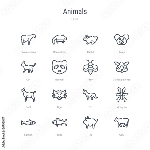 set of 16 animals concept vector line icons such as cow, pig, tuna, salmon, mosquito, fox, tiger, goat. 64x64 thin stroke icons