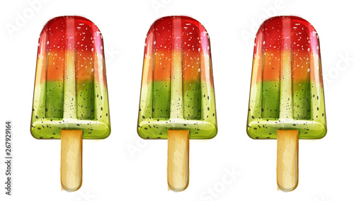 Ice cream fruits pattern Vector watercolor. Delicious kiwi and straeberry des...