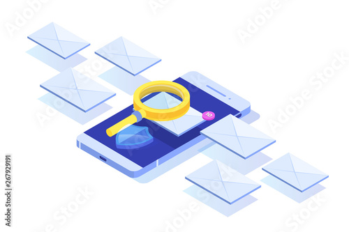 E-mail protection,  anti-malware, anti spam isometric concept. Flat vector illustration