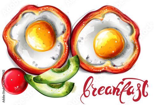 Eggs breakfast Vector watercolor. Organic meal. Menu delicious pages