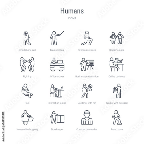 set of 16 humans concept vector line icons such as proud pose, construction worker, storekeeper, housewife shopping, worker with notepad, gardener with hat, internet on laptop computer, pain. 64x64