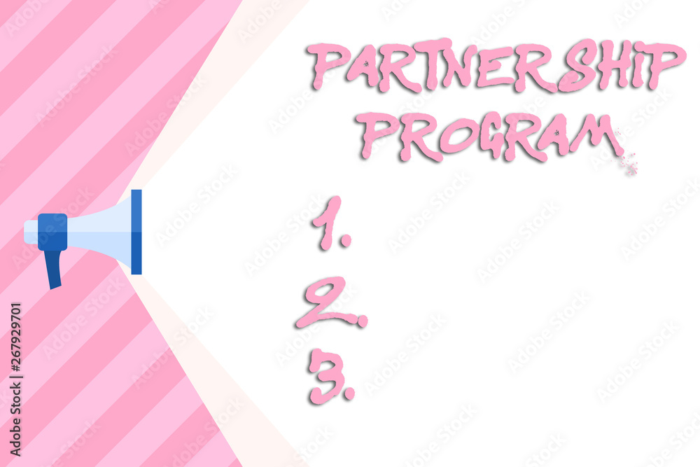 Writing note showing Partnership Program. Business concept for selling the vendor s is products and associated services Megaphone Extending Capacity of Volume Range thru Wide Beam Writing note showing Partnership Program. Business concept for selling the vendor s is products and associated services Megaphone Extending Capacity of Volume Range thru Wide Beam