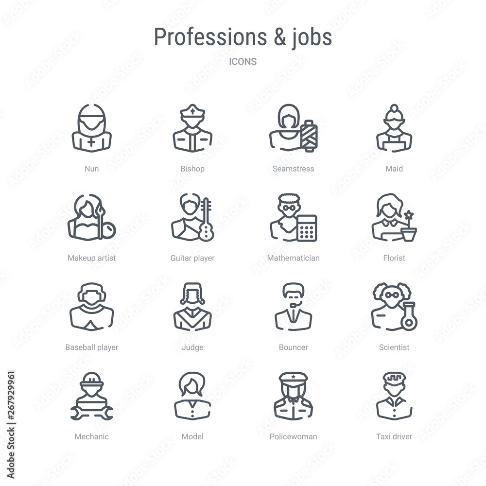 set of 16 professions & jobs concept vector line icons such as taxi driver, policewoman, model, mechanic, scientist, bouncer, judge, baseball player. 64x64 thin stroke icons