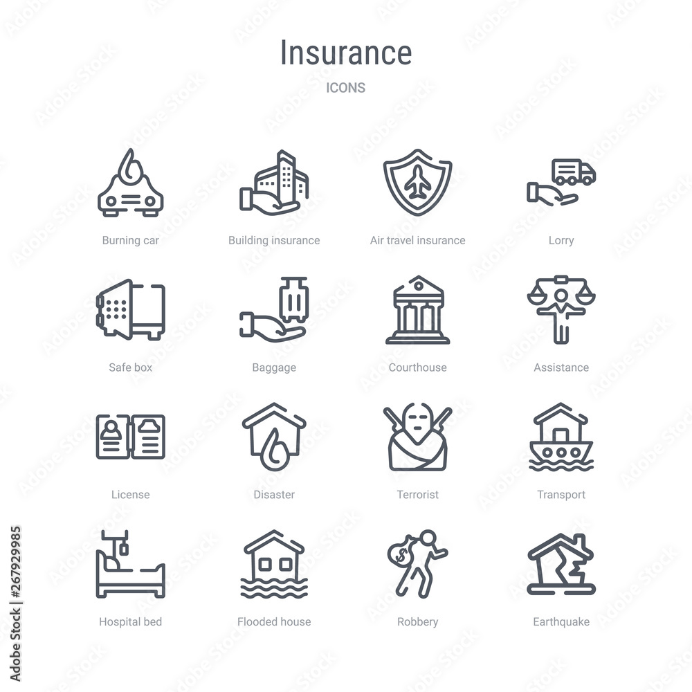set of 16 insurance concept vector line icons such as earthquake, robbery, flooded house, hospital bed, transport, terrorist, disaster, license. 64x64 thin stroke icons