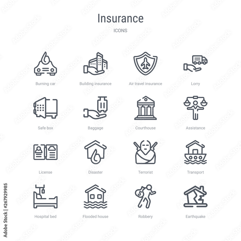 set of 16 insurance concept vector line icons such as earthquake, robbery, flooded house, hospital bed, transport, terrorist, disaster, license. 64x64 thin stroke icons set of 16 insurance concept vector line icons such as earthquake, robbery, flooded house, hospital bed, transport, terrorist, disaster, license. 64x64 thin stroke icons