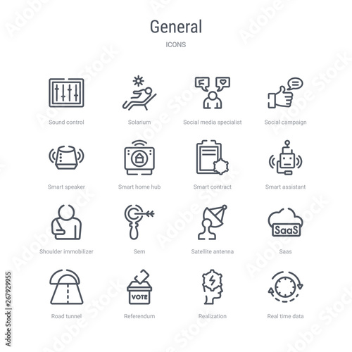 set of 16 general concept vector line icons such as real time data, realization, referendum, road tunnel, saas, satellite antenna, sem, shoulder immobilizer. 64x64 thin stroke icons