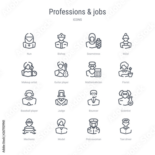 set of 16 professions & jobs concept vector line icons such as taxi driver, policewoman, model, mechanic, scientist, bouncer, judge, baseball player. 64x64 thin stroke icons