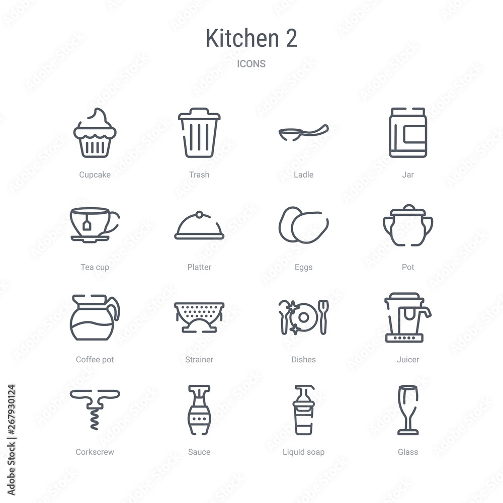 set of 16 kitchen 2 concept vector line icons such as glass, liquid soap, sauce, corkscrew, juicer, dishes, strainer, coffee pot. 64x64 thin stroke icons set of 16 kitchen 2 concept vector line icons such as glass, liquid soap, sauce, corkscrew, juicer, dishes, strainer, coffee pot. 64x64 thin stroke icons