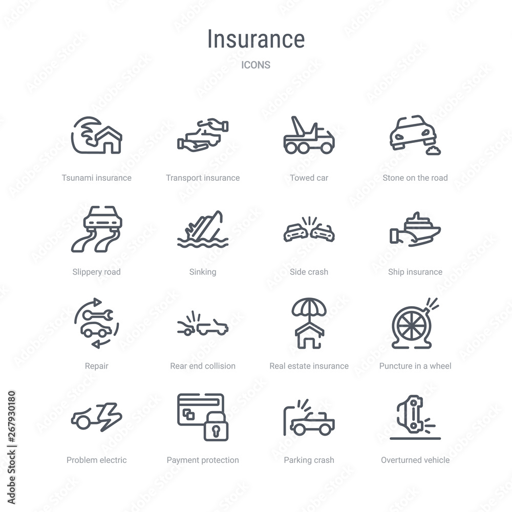 set of 16 insurance concept vector line icons such as overturned vehicle, parking crash, payment protection, problem electric, puncture in a wheel, real estate insurance, rear end collision, repair.