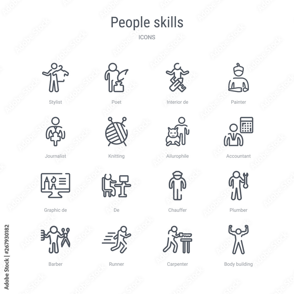 set of 16 people skills concept vector line icons such as body building, carpenter, runner, barber, plumber, chauffer, de, graphic de. 64x64 thin stroke icons