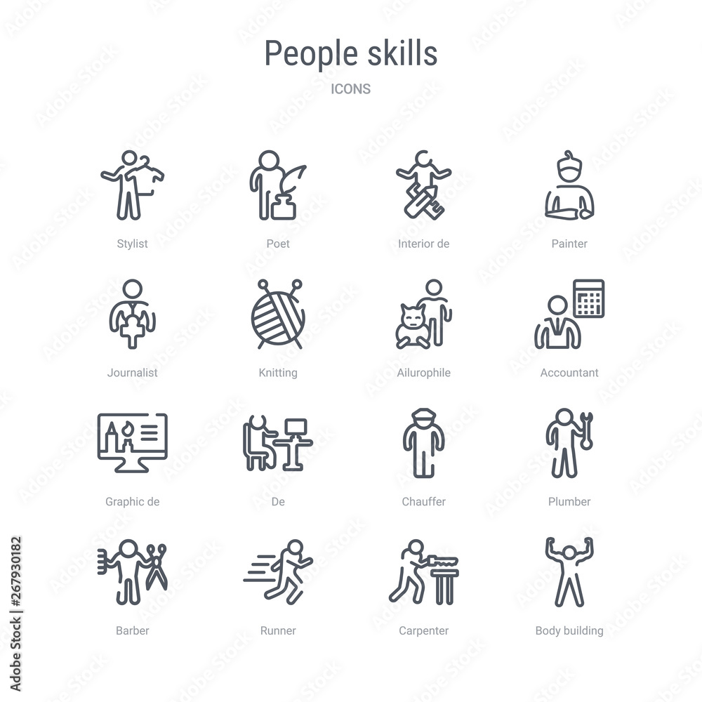 set of 16 people skills concept vector line icons such as body building, carpenter, runner, barber, plumber, chauffer, de, graphic de. 64x64 thin stroke icons set of 16 people skills concept vector line icons such as body building, carpenter, runner, barber, plumber, chauffer, de, graphic de. 64x64 thin stroke icons