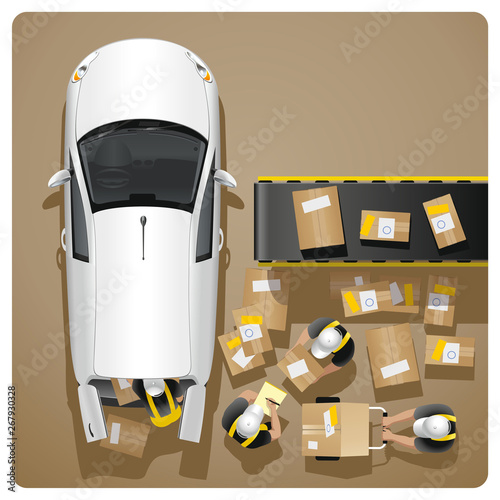 The united team of employees of the delivery service makes loading and unloading of parcels and freights in the white car of the delivery service of freights and correspondence on a brown background.