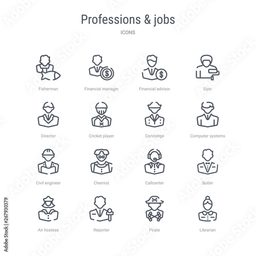 set of 16 professions & jobs concept vector line icons such as librarian, pirate, reporter, air hostess, butler, callcenter, chemist, civil engineer. 64x64 thin stroke icons