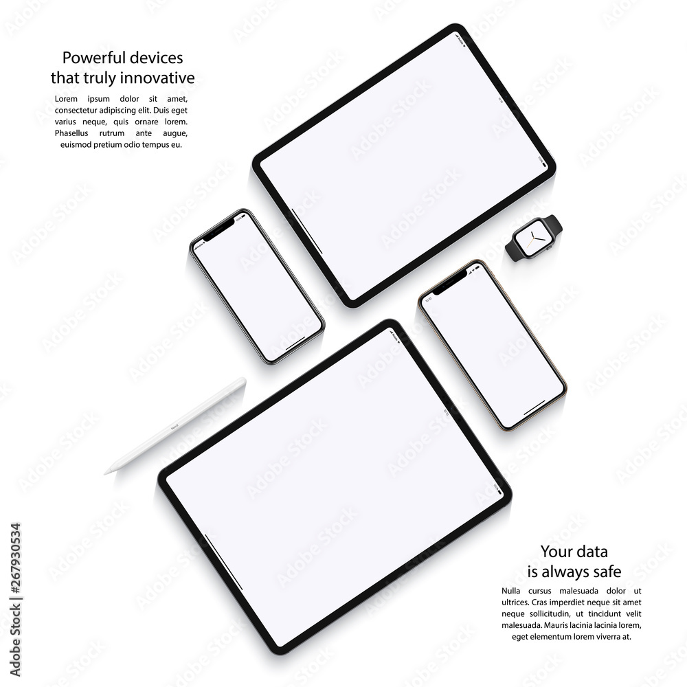 mockup devices: smartphones, tablets and smart watch with blank screen isolated on white background. stock vector illustration eps10 - obrazy, fototapety, plakaty 