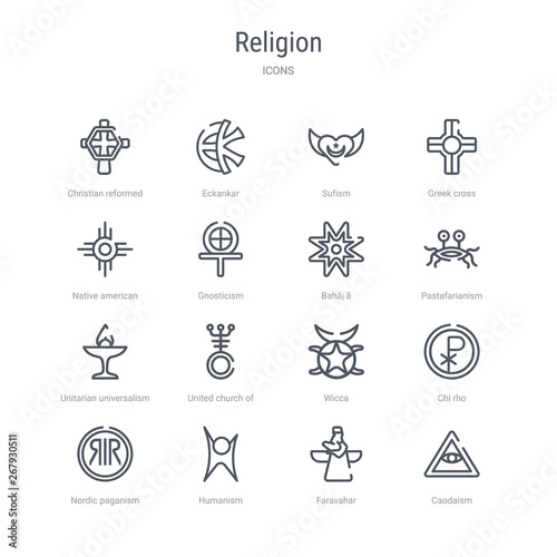 set of 16 religion concept vector line icons such as caodaism, faravahar, humanism, nordic paganism, chi rho, wicca, united church of christ, unitarian universalism. 64x64 thin stroke icons
