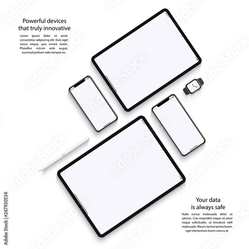 mockup devices: smartphones, tablets and smart watch with blank screen isolated on white background. stock vector illustration eps10 photo