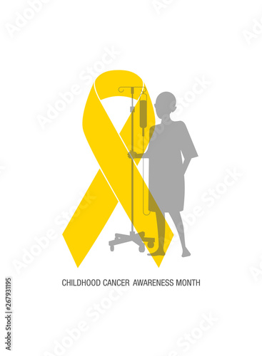 Emblem for a childhood cancer awareness month, picturing little bold head patient with drip stand, standing behind big yellow ribbon symbol. (ID: 267931195)