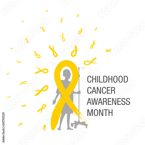 Emblem for a childhood cancer awareness month, picturing little bold head patient with drip stand, standing behind big yellow ribbon paint brush and many small ribbons making halo. (ID: 267931329)