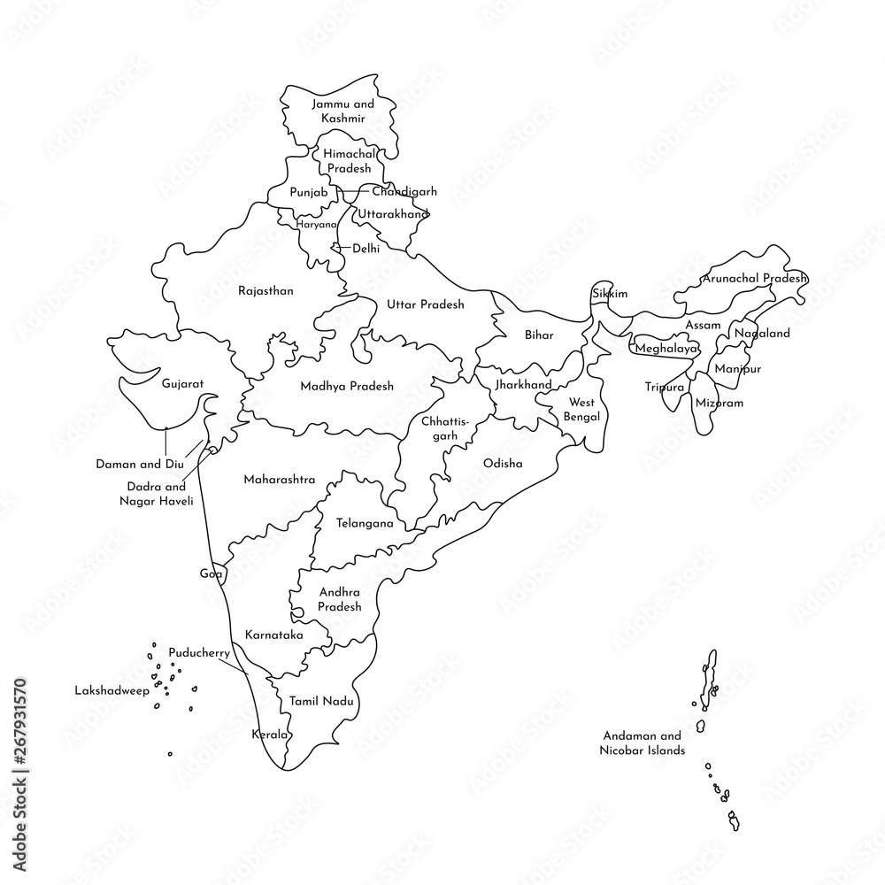 Obraz Wektor izolowane ilustracja uproszczonej mapy administracyjnej Indii. Granice i nazwy stanów. Czarne linie sylwetki