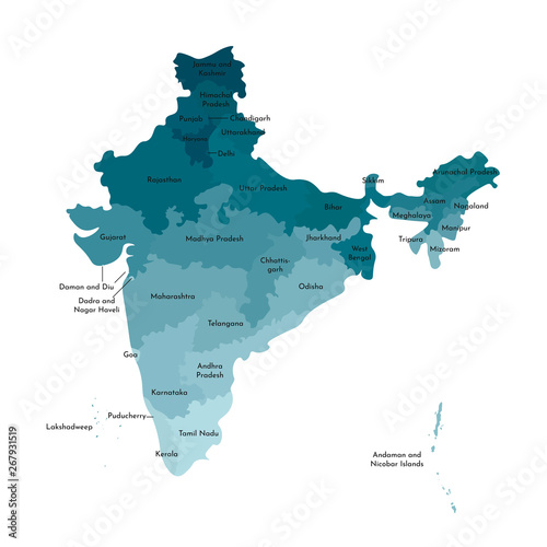 Vector isolated illustration of simplified administrative map of India. Borders and names of the states. Colorful blue khaki silhouettes