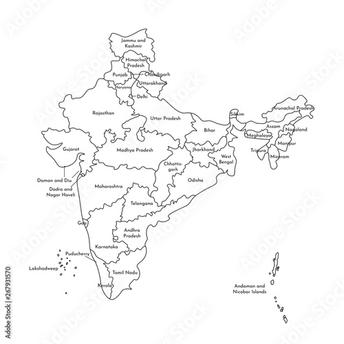 Vector isolated illustration of simplified administrative map of India. Borders and names of the states. Black line silhouettes