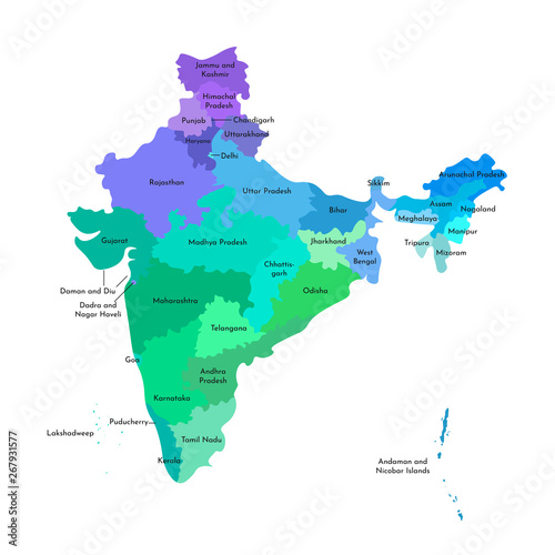 Vector isolated illustration of simplified administrative map of India. Borders and names of the states. Multi colored silhouettes