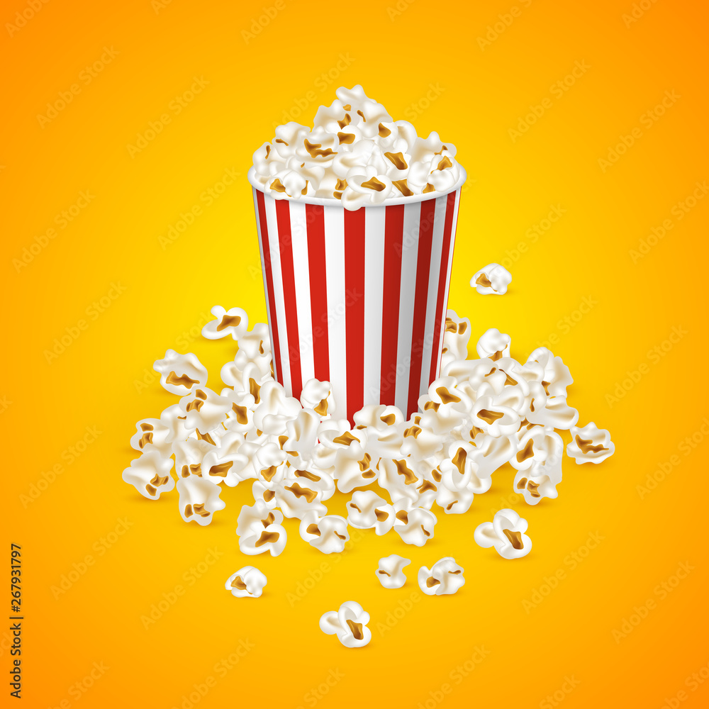 Full popcorn striped bucket on yellow background. Realistic vector illustration, cinema or movie food promotional background.