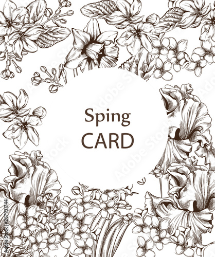 Vintage card with flowers Vector lineart. Narcissus, peony and roses old effe...