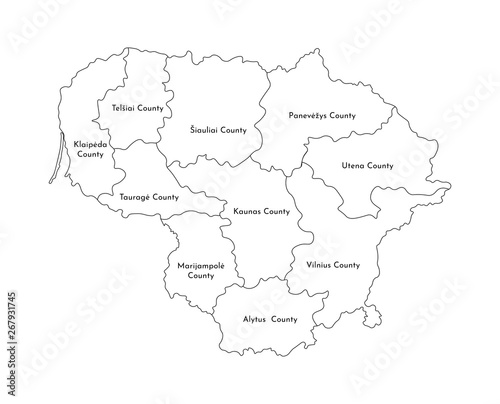 Vector isolated illustration of simplified administrative map of Lithuania. Borders and names of the counties. Black line silhouettes