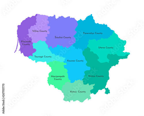 Vector isolated illustration of simplified administrative map of Lithuania. Borders and names of the counties. Multi colored silhouettes