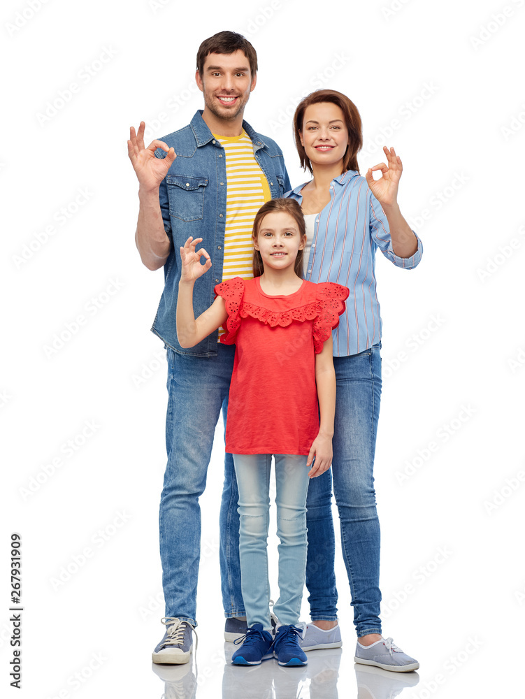 family and people concept - happy smiling mother, father and little daughter showing ok hand sign over white background family and people concept - happy smiling mother, father and little daughter showing ok hand sign over white background