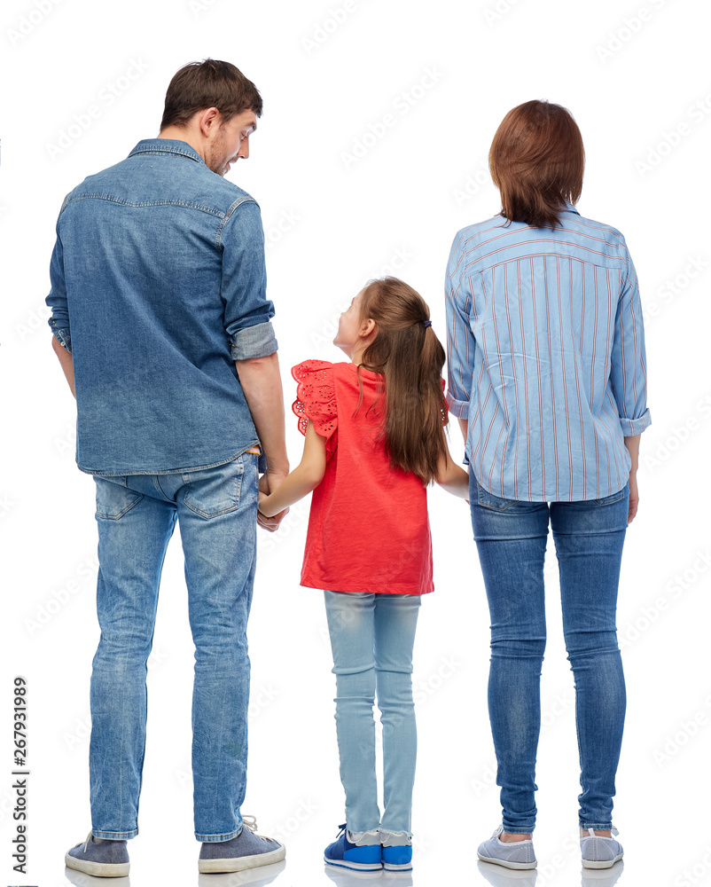 family and people concept - mother, father and little daughter holding hands and talking over white background from back family and people concept - mother, father and little daughter holding hands and talking over white background from back