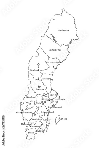 Vector isolated illustration of simplified administrative map of Sweden. Borders and names of the counties. Black line silhouettes