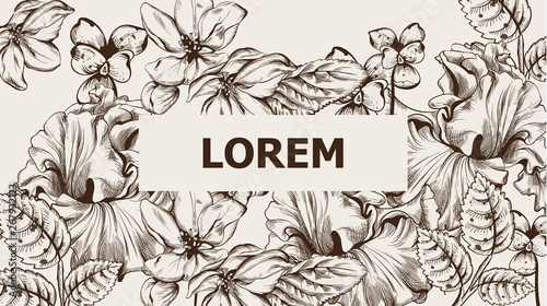 Vintage card with flowers Vector lineart. Narcissus, peony and roses old effe...