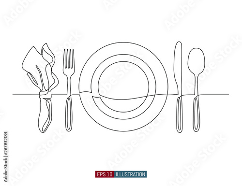 Continuous line drawing of hand drawn plate, napkin, fork and knife. . Template for your design. Vector illustration.