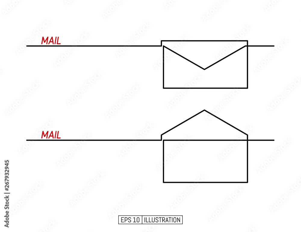 Continuous line drawing of closed and open envelopes. Mail icons. Template for your design works. Vector illustration. Continuous line drawing of closed and open envelopes. Mail icons. Template for your design works. Vector illustration.