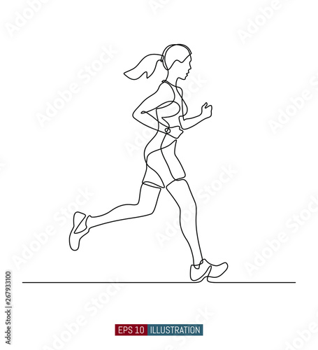Continuous line drawing of running woman. Template for your design. Vector illustration.