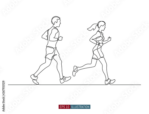 Continuous line drawing of running man and woman. Template for your design. Vector illustration.
