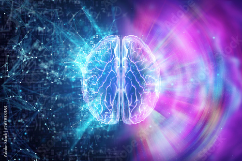 Billede på lærred Creative background, the human brain on a blue background, the hemisphere is responsible for logic, and responsible for creativity