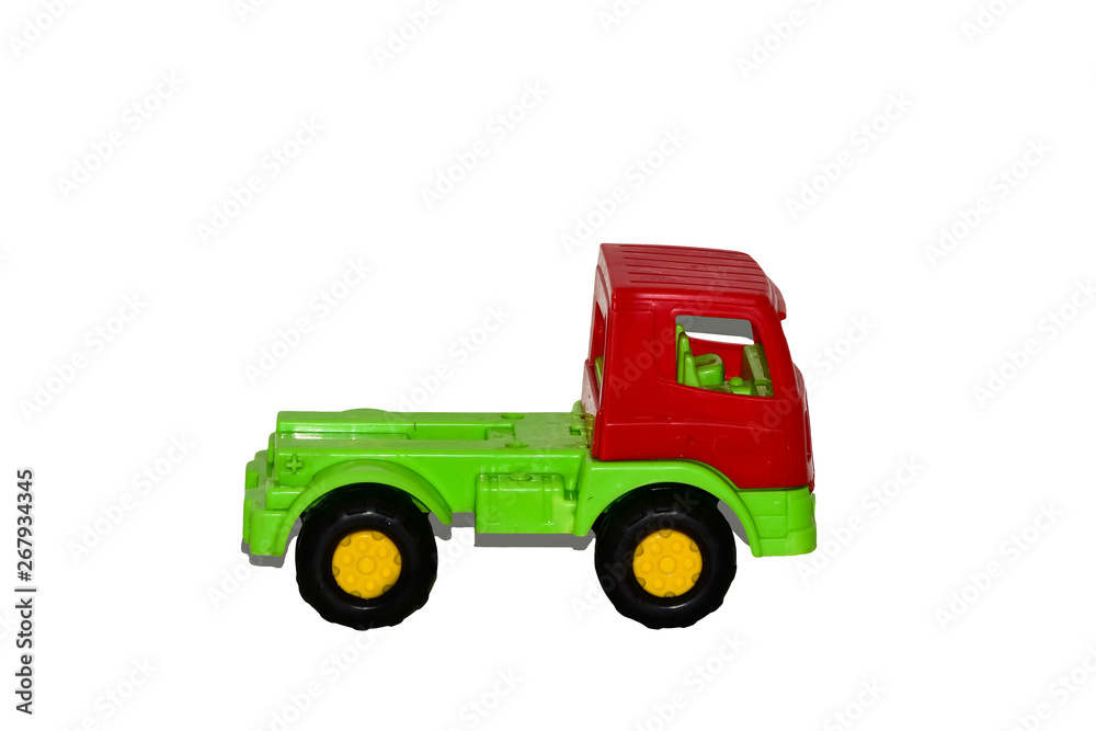Dirty used toy car truck isolated on white background