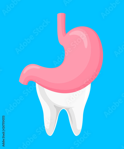 Human stomach and tooth as a partner.  Icon design. Oral health and stomach disease hygiene concept caused by teeth. Vector illustration isolated on blue background.